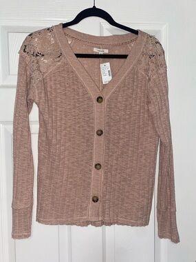 Maurices Dusty Rose Lace-Shoulder Button Cardigan